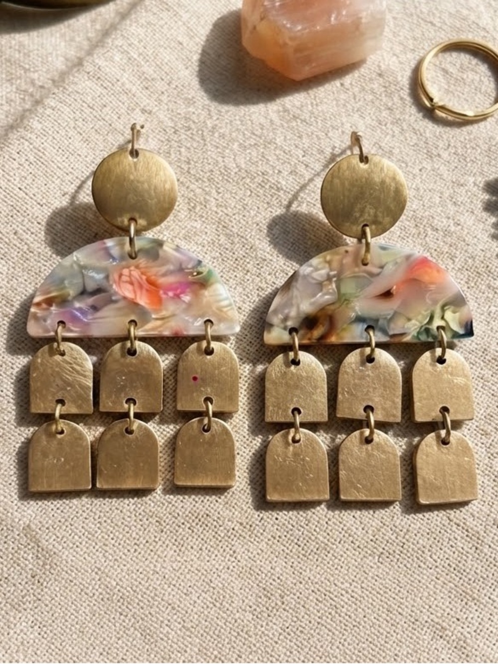 Gold and Multicolor Resin Dangle Earrings Boho